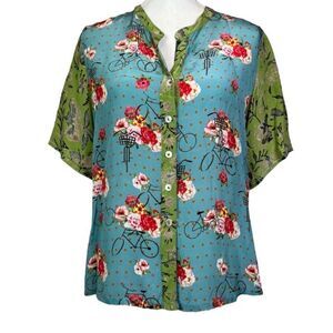 Benares Women's Spring Bicycle Button Top Short Sleeve Blue Green Floral Medium